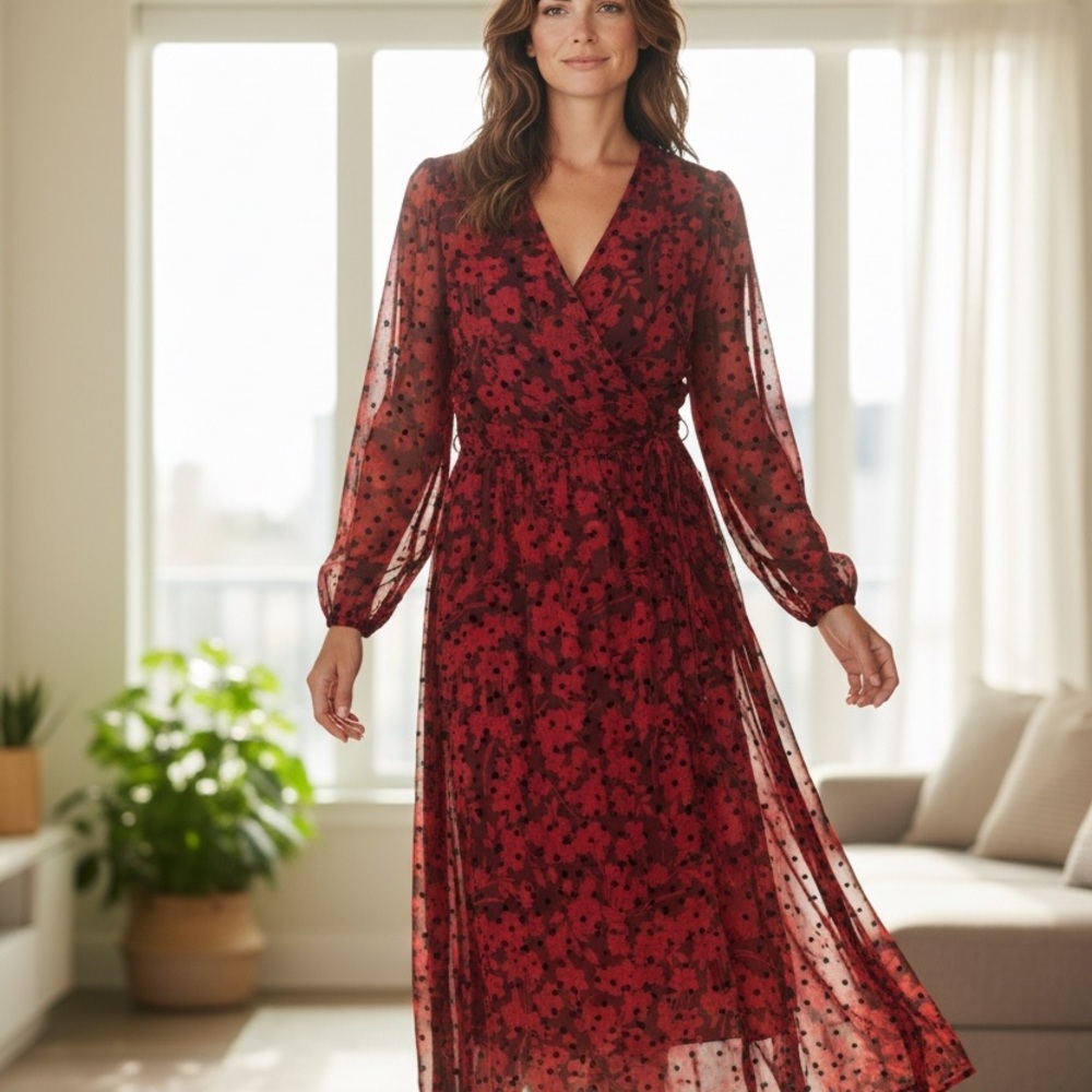 TOMMY HILFIGER. Stunning You In A Sheer Red, Black Floral Dress! Sz: 10. $38.